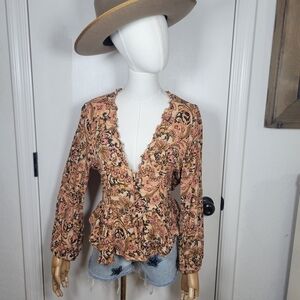 Vici Boho Paisley Peplum Tie Waist Deep V Neck Top Size Small
